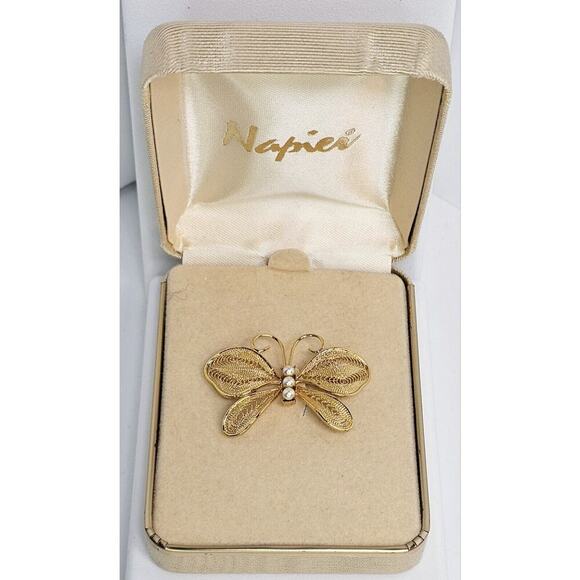 Napier Butterfly Brooch Pin Filigree Gold Tone Faux Pearl Vintage *Original Box* - Picture 1 of 9